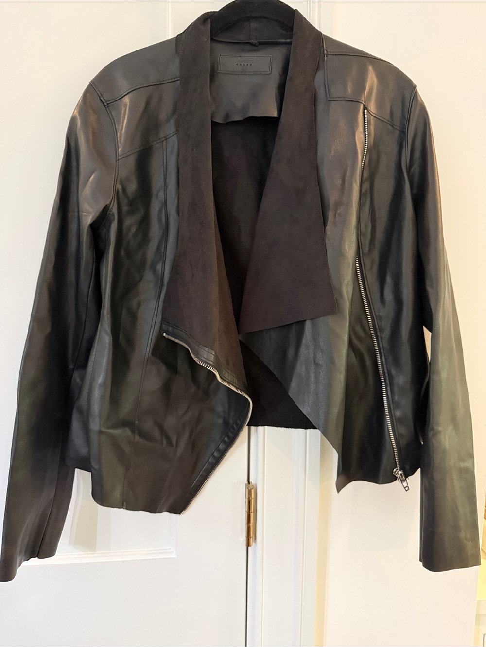 Blank NYC Black Draped faux Leather Jacket with suede lining